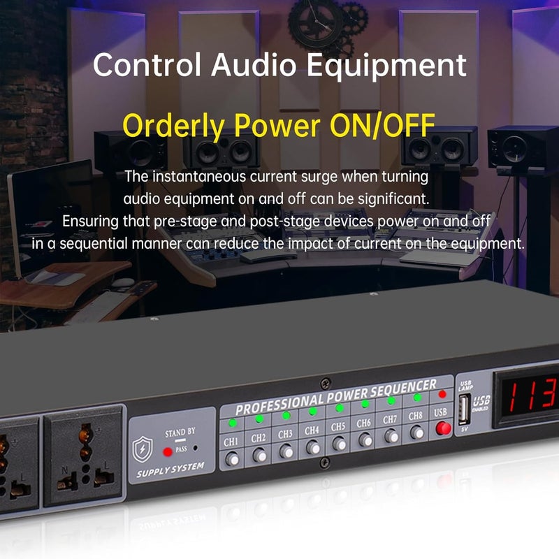 fmuser 10-Outlet Power Sequencer Conditioner, 3000W Rack Power Conditioner with Independent Power Switch Surge Protector LCD Display, Ideal for Studio and Home Theater Sound System - Image 2